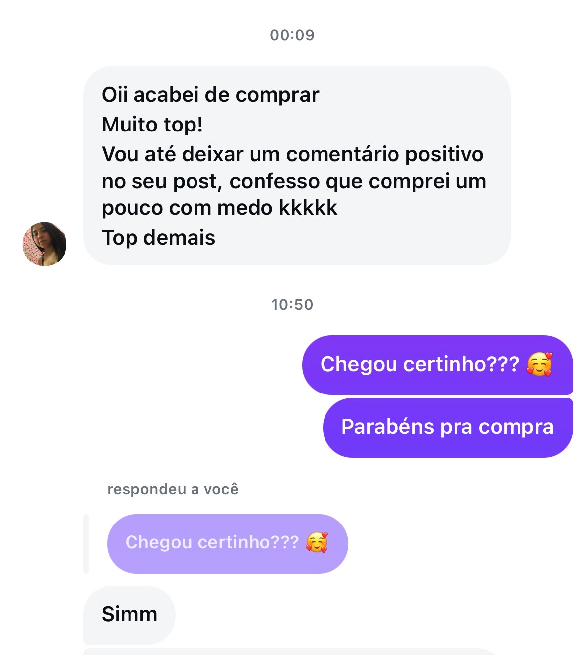 Mensagem de cliente elogiando a compra